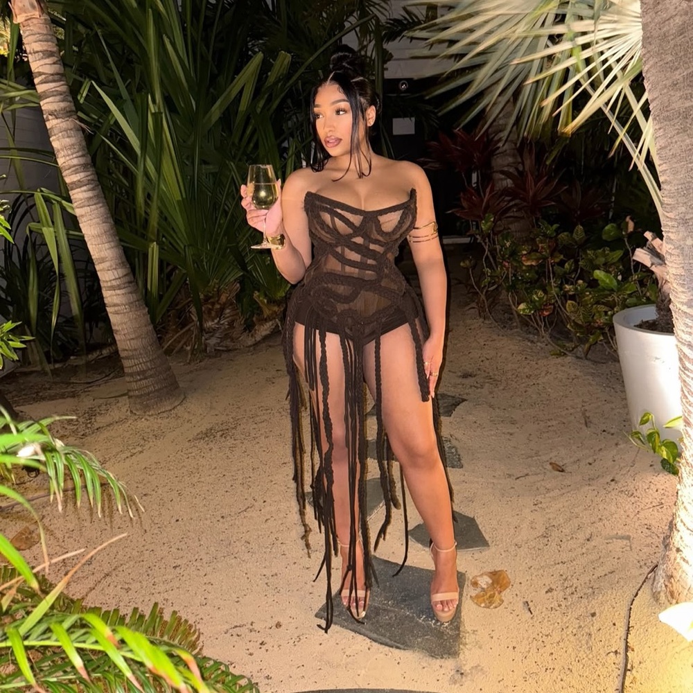 Brown Mesh Corset Top With Fringe